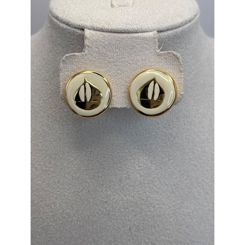 Vintage Gold Tone Cream Ivory Enamel Button Nautical Sailboat Pierced Earrings